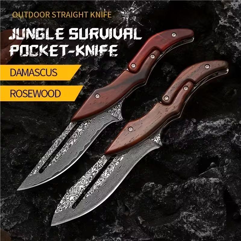 Damascus Steel Folding Knife with Wood Handle - Mechanical Magic Pocket Knife | Kitchen Peeling Tool & Unique Gift
